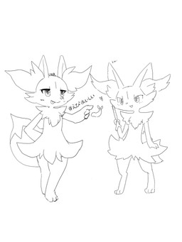 3_fingers 3_toes :3 ambiguous_anthro ambiguous_gender anthro arm_tuft biped blush blush_lines cheek_tuft chest_tuft closed_smile digitigrade dipstick_tail duo eyelashes facial_tuft feet fingers flat_chested food front_view gesture hand_gesture hashtag hip_tuft holding_object holding_stick inner_ear_fluff markings mouth_closed nude_ambiguous nude_anthro open_:3 open_mouth open_smile pointing shoulder_tuft shrimp_(food) simple_background smile snout standing stick tail tail_markings text toes tongue tongue_out tuft white_background hurai_of_kaki quail_00n0 nintendo pokemon braixen canid generation_6_pokemon mammal pokemon_(species) 2021 3:4 artist_collaboration black_and_white digital_drawing_(artwork) digital_media_(artwork) hi_res japanese_text line_art monochrome signature translated