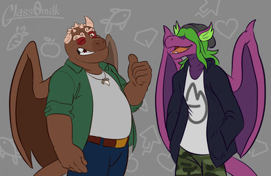 anthro bottomwear broken_horn brown_body brown_scales camo camo_bottomwear camo_clothing camo_pants camo_print clothed clothing duo gesture green_hair hair hair_over_eyes hand_gesture hand_in_pocket hands_in_both_pockets horn humanoid_hands jewelry looking_at_viewer male membrane_(anatomy) membranous_wings missing_teeth necklace open_mouth overweight overweight_anthro overweight_male pants pattern_bottomwear pattern_clothing pattern_pants pockets purple_body purple_scales scales shirt smile tail teeth thumbs_up topwear wings glass0milk mythology six_legends blythe_(six_legends) krock_(six_legends) dragon mythological_creature mythological_scalie scalie digital_media_(artwork) hi_res