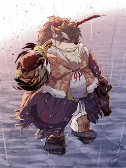 anthro belly blood bodily_fluids eyebrows facial_scar fur grey_body grey_fur katana male melee_weapon overweight overweight_anthro overweight_male pecs raining samurai scar solo sword thick_eyebrows warrior weapon wawwarks0074 lifewonders tokyo_afterschool_summoners shino_(tas) canid canine canis domestic_dog mammal 3:4 hi_res