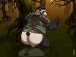 anthro armor balls belly big_butt black_body bottomless butt clothed clothing dark genitals gloves hair handwear male mud ominous open_mouth overweight overweight_male plant slightly_chubby solo stuck swamp thick_thighs topwear topwear_only tree kronexfire blizzard_entertainment warcraft liusha_xishou bear giant_panda mammal pandaren 4:3 absurd_res hi_res