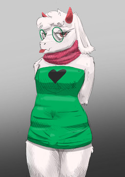 anthro blep bulge clothing eyewear femboy fur glasses gradient_background hands_behind_back horn long_ears male scarf simple_background solo tongue tongue_out wearing_glasses suzew deltarune undertale_(series) ralsei darkner absurd_res hi_res sketch