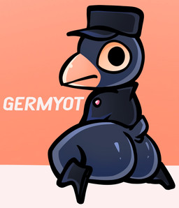 anthro beak black_clothing black_eyes black_hat black_headwear blue_body butt butt_focus clothed clothing footwear grey_body hat headgear headwear jacket looking_back male pantsless shoes simple_background solo tan_background tan_beak text topwear yellow_sclera salamikii night_in_the_woods germ_warfare_(nitw) avian bird 2021 absurd_res hi_res