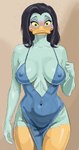 anthro bare_breasts blush breasts clothing dress embarrassed eyelashes eyeshadow female hair magic_user makeup mature_anthro mature_female medium_breasts navel nipple_outline nipples non-mammal_breasts non-mammal_nipples nude solo standing translucent translucent_clothing wardrobe_malfunction witch yellow_eyes ghj103 disney ducktales ducktales_(2017) magica_de_spell anatid anseriform avian bird duck absurd_res hi_res