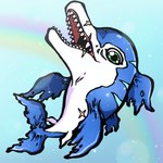 blue_body feral fin flippers green_eyes scar sharp_teeth solo teeth sanjuro_art bandai_namco digimon digimon_(species) dolphmon 1:1 absurd_res hi_res