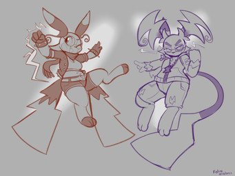 2_tails 3_toes 4_fingers alternate_species anthro belt bottomwear breasts cleavage clothed clothing cute_fangs digitigrade dipstick_ears dipstick_tail duo ear_markings electricity electricity_manipulation elemental_manipulation fangs feet female fingers fist gloves handwear jacket legwear looking_at_viewer looking_away looking_up male markings multi_tail multicolored_ears one_eye_closed open_clothing open_jacket open_topwear pose scarf shirt shorts stockings tail tail_markings teeth toes topwear felino nintendo pokemon pokemon_legends_z-a arty_(felino) felicia_(felino) generation_9_pokemon mega_evolution mega_raichu mega_raichu_x mega_raichu_y pokemon_(species) 2025 hi_res sketch