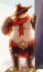 anthro belly clothing fur hat headgear headwear humanoid_hands male moobs overweight overweight_anthro overweight_male scarf solo white_body white_fur warlocknyan blizzard_entertainment warcraft bear mammal pandaren 2016 absurd_res hi_res