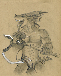 abs animal_genitalia anthro axe balls biceps big_penis biped black_sclera bodily_fluids circumcised claws dripping erection fangs frill_(anatomy) gaping_mouth genital_fluids genital_slit genitals horn humanoid_genitalia humanoid_penis humanoid_penis_in_slit hybrid_genitalia hybrid_penis leaking looking_at_viewer male melee_weapon membrane_(anatomy) membranous_frill muscular muscular_anthro muscular_male nude open_mouth pecs penis pose precum presenting saliva scales sharp_teeth simple_background solo standing tail teeth tongue tongue_out vein weapon tush_(artist) bandai_namco soul_calibur aeon_calcos aeon_calcos_(sc5) lizard lizardman lizardman_race_(soulcalibur) reptile scalie 2012 graphite_(artwork) sketch traditional_media_(artwork)