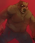 anthro black_nose blood blue_bottomwear blue_clothing blue_pants bodily_fluids bottomwear brown_body brown_fur chest_tuft clothed clothing countershade_snout countershading fangs fur male muscular muscular_anthro muscular_male navel pants red_background scar simple_background slightly_chubby slightly_chubby_anthro slightly_chubby_male smile snout solo tan_body tan_countershading tan_fur teeth topless topless_anthro topless_male tuft horrorbuns arches_(game) echo_(game) echo_(series) echo_project brian_dubois bear mammal 2023 colored hi_res