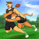 american_football anthro bottomwear bulge clothed clothing duo male shirt shorts sport tackle tank_top topwear fuze texnatsu joe_(texnatsu) mond_reyes canid canine canis coyote felid mammal pantherine tiger 1:1 hi_res story story_in_description