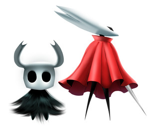 2_horns ambiguous_gender biped black_body black_eyes cloak clothed clothing duo empty_eyes hollow_eyes horn melee_weapon red_cloak red_clothing simple_background standing weapon white_background buddyisabill hollow_knight_(franchise) team_cherry hornet_(hollow_knight) the_knight_(hollow_knight) arthropod vessel_(species) 2026 absurd_res hi_res female_(lore) half_sister_(lore) sibling_(lore) sister_(lore)