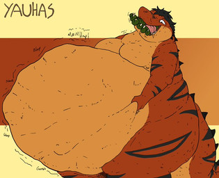 after_vore ambiguous_gender anthro anthro_pred belly big_belly black_hair black_stripes brown_arms brown_legs brown_tail feet green_feet hair head_first huge_belly oral_vore orange_background orange_belly rumbling_stomach simple_background stripes tail vore yauhasart species_request flat_colors watermark