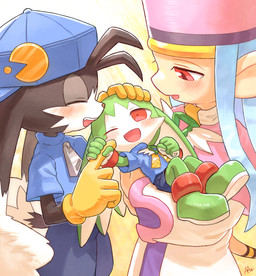 aged_down anthro backwards_baseball_cap backwards_hat baseball_cap black_body black_fur blue_clothing blue_shirt blue_topwear blush bottomwear clothing eyes_closed female fur gloves green_body green_fur group handwear hat headgear headwear holding_finger kemono male neonate one_eye_closed open_mouth shirt shorts topwear trio yellow_clothing yellow_gloves yellow_handwear young young_anthro young_male amber_graygamma bandai_namco klonoa_(series) king_of_sorrow klonoa the_high_priestess 2023 hi_res japanese_description