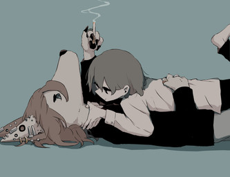 anthro cigarette clothed clothing duo ear_piercing hands_around_neck hug industrial_piercing larger_anthro male piercing simple_background size_difference smaller_human smile smoke smoking avogado6 canid canine canis human mammal wolf absurd_res hi_res