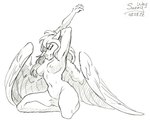 anthro belly breasts feathers female morning nipples nude pose smile solo stretching thick_thighs wings sunny_way mythology sunny_way_(character) equid equine horse mammal mythological_creature mythological_equine pegasus pinup traditional_media_(artwork)