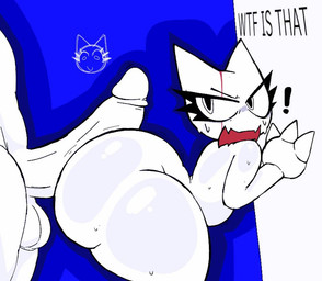 3_fingers angry anthro balls bent_over big_butt big_hands big_penis blood blood_on_head bodily_fluids butt claws duo exclamation_point eyelashes female finger_claws fingers flat_chested genitals glans glistening glistening_body hands_on_wall hot_dogging huge_butt huge_penis huge_thighs looking_back male male/female nude open_mouth penis penis_between_buttocks sex simple_background sweat sweatdrop text thick_thighs white_balls white_body white_eyes white_glans white_penis guhg_kemonowo femtanyl anon token_(femtanyl) felid feline mammal