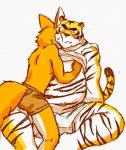 anthro belly blush bottomwear clothing duo humanoid_hands kemono male shirt shorts sitting slightly_chubby topwear rentcg canid canine felid fox mammal pantherine tiger 2016