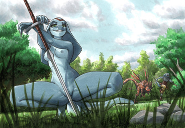 5_fingers anthro areola biped blue_body breasts convenient_censorship detailed_background duo female fingers forest green_eyes looking_at_viewer male melee_weapon nipples non-mammal_breasts nude outside plant solo_focus sword tree weapon ewgengster reina_lesk reptile scalie snake 2025 hi_res traditional_media_(artwork)