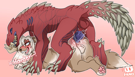 ahegao anal anal_penetration anthro anthro_on_bottom anthro_on_feral anthro_penetrated balls begging bestiality blue_tongue blush bodily_fluids butt claws doggystyle drooling duo erection feral feral_on_top feral_penetrating feral_penetrating_anthro feral_penetrating_male finger_claws from_behind_position genitals gynomorph gynomorph/male gynomorph_penetrated intersex intersex/male intersex_penetrated knot knotted_penis looking_pleasured male male_on_feral male_on_top male_penetrating male_penetrating_anthro male_penetrating_gynomorph male_penetrating_intersex on_bottom on_top open_mouth penetration penile penile_penetration penis penis_in_ass quadruped saliva sex sharp_teeth spiked_penis spikes spikes_(anatomy) teeth toe_claws tongue frazy capcom monster_hunter canid canine fanged_wyvern mammal odogaron hi_res