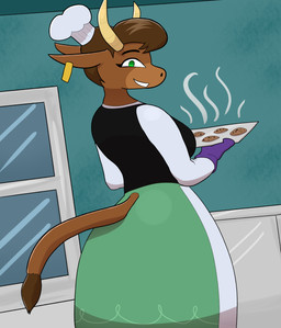 2_horns anthro apron arms_bent baker baking_tray black_clothing black_eyebrows black_topwear black_vest blue_wall breasts brown_body brown_fur brown_tail brown_tail_tuft ceiling chef_hat clothed clothed_anthro clothed_female clothing cookie counter dress dutch_angle ear_piercing ear_tag eyebrows eyelashes female female_anthro food fur green_apron green_clothing green_eyes hair handwear happy hat headgear headwear holding_baking_tray horn inside light long_tail looking_at_viewer no_pupils open_mouth open_smile oven_mitts piercing purple_clothing purple_handwear purple_oven_mitts short_hair smile smiling_at_viewer solo steam tail tail_tuft tan_horn topwear tuft vest wall_(structure) white_clothing white_dress white_hat white_headwear white_mouth window chocolatecheez cookie_haus jackbox_games the_jackbox_party_pack moonique_(cookie_haus) bovid bovine cattle mammal 2025 absurd_res colored digital_drawing_(artwork) digital_media_(artwork) english_description hi_res lighting portrait shaded three-quarter_portrait