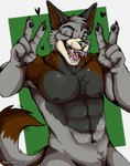 abs anthro black_claws black_pawpads brown_body brown_fur chest_tuft claws crotch_tuft fangs fingers fur gesture green_eyes grey_body grey_fur hand_gesture heart_symbol hearts_around_body looking_at_viewer male muscular muscular_anthro muscular_male navel neck_tuft nipples one_eye_closed open_mouth pawpads pecs simple_background smile solo teeth tongue tuft v_sign wink juliart15 arcori canid canine canis mammal wolf digital_media_(artwork) hi_res