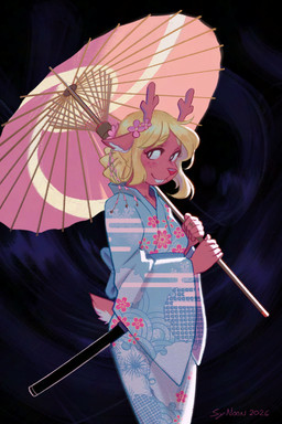 5_fingers anthro asian_clothing blonde_hair blush brown_body brown_fur buckteeth clothing east_asian_clothing female female_anthro fingers freckles fur hair japanese_clothing kimono red_nose scabbard scut_tail short_tail solo tail teeth umbrella wagasa sy_noon deltarune undertale_(series) noelle_holiday deer mammal new_world_deer reindeer 2026 absurd_res digital_media_(artwork) hi_res