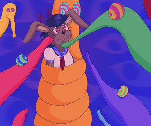 accessory ambiguous_gender anthro asian_clothing black_hair brown_body brown_fur captured clothing coiling east_asian_clothing female female/ambiguous feral fur green_body green_fur group hair hair_accessory hair_ribbon japanese_clothing japanese_school_uniform kissing_cheek orange_body orange_fur purple_background purple_body purple_fur red_body red_eyes red_fur ribbons school_uniform simple_background snout spiral spiral_eyes surrounded uniform yellow_body yellow_fur young young_anthro saltypupcake lagomorph leporid mammal rabbit squirmle worm 6:5 digital_media_(artwork) hi_res