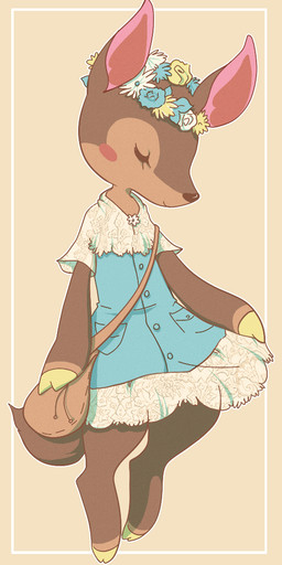 anthro bag clothing eyes_closed female floral_print flower flower_crown hooves plant simple_background smile solo tail eyrri animal_crossing nintendo fauna_(animal_crossing) deer mammal 2013 digital_media_(artwork)
