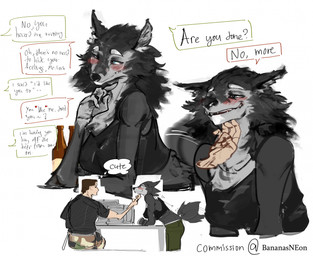 5_fingers anthro bedroom_eyes belt biped black_clothing black_shirt black_topwear blue_eyes bottle bottomwear breasts brown_hair cargo_pants chest_tuft chin_scratch clothed clothing container countershade_fur countershading dialogue disembodied_hand drunk duo eyebrows female female_anthro fingers fully_clothed fur furniture grey_body grey_fur hair hand_on_chin happy inner_ear_fluff inside lamp leaning_on_table looking_at_another male male_human mane mane_hair narrowed_eyes pants pivoted_ears seductive shirt short_hair sitting smile speech_bubble substance_intoxication tail tail_motion tailwag tank_top text thick_eyebrows topwear tuft white_eyebrows bananasneon lock_(vitaflesh) wynn_(vitaflesh) canid canine canis human mammal wolf 2025 artist_name colored_sketch digital_drawing_(artwork) digital_media_(artwork) english_text guide_lines hi_res shaded sketch soft_shading