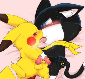 animal_genitalia animal_penis anus balls belt black_body black_fur blue_eyes blush bodily_fluids chibi drooling duo erection eye_contact feline_genitalia feline_penis french_kissing fur genitals handjob kerchief kissing looking_at_another male male/male markings mask mutual_handjob mutual_masturbation open_mouth penile penis saliva saliva_on_tongue sex tail tail_markings tapering_penis tears teeth tongue tongue_out white_body white_fur namoke atlus megami_tensei nintendo persona_(series) persona_5 pokemon sega morgana_(persona) domestic_cat felid feline felis generation_1_pokemon mammal pikachu pokemon_(species) tuxedo_cat crossover signature