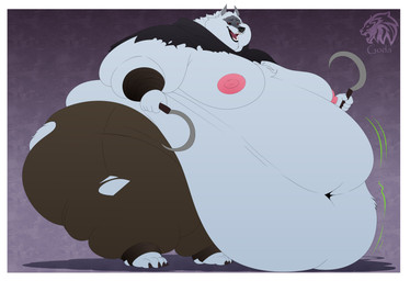 anthro belly big_belly big_cheeks big_moobs big_nipples black_cloak black_clothing black_sclera bottomwear brown_bottomwear brown_clothing brown_pants chubby_cheeks cloak clothing double_chin fur huge_belly huge_cheeks hyper hyper_belly lidded_eyes male moobs morbidly_obese morbidly_obese_anthro morbidly_obese_male motion_lines navel nipples obese obese_anthro obese_male open_mouth overweight overweight_anthro overweight_male pants pink_nipples red_eyes shirtless_male sickle solo standing tight_clothing torn_bottomwear torn_clothing torn_pants white_belly white_body white_fur godalion dreamworks puss_in_boots_(franchise) death_(puss_in_boots) canid canine canis mammal wolf absurd_res hi_res