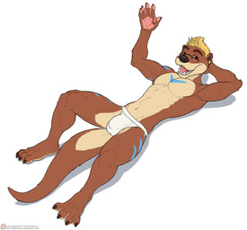 4_toes 5_fingers abs anthro athletic athletic_anthro athletic_male balls balls_outline barefoot barely_visible_balls barely_visible_genitalia biped black_nose blonde_hair blue_body blue_fur blue_markings brown_body brown_eyes brown_fur bulge claws clothed clothed_anthro clothed_male clothing countershade_face countershade_fur countershade_neck countershade_tail countershade_torso countershading detailed_bulge eyewear featureless_chest feet fingers fur genital_outline genitals gesture glasses hair jockstrap jockstrap_only looking_at_viewer lying male markings membrane_(anatomy) monotone_background multicolored_body multicolored_fur navel on_back open_mouth open_smile patreon_logo patreon_username pawpads pecs penis_outline pince-nez simple_background smile smiling_at_viewer solo tail tan_body tan_countershading tan_fur teeth text toe_claws toes topless topless_anthro topless_male two_tone_body two_tone_fur underwear underwear_only waving waving_at_viewer wearing_glasses webbed_feet webbed_hands white_background white_clothing white_jockstrap white_underwear spelunker_sal patreon mammal mustelid otter artist_name digital_drawing_(artwork) digital_media_(artwork) flat_colors