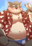 aloha_shirt anthro asian_clothing barely_visible_genitalia barely_visible_penis blue_eyes blush bulge clothing east_asian_clothing eyebrows facial_scar flaccid fundoshi fur genitals gesture grey_body grey_fur hand_gesture japanese_clothing male navel pattern_clothing pattern_shirt pattern_topwear pecs penis penis_base scar shirt solo thick_eyebrows topwear underwear v_sign dosanco15 lifewonders tokyo_afterschool_summoners moritaka_(tas) canid canine canis domestic_dog mammal hi_res