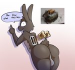 5_fingers anthro appliance backsack balls big_butt bread brown_body brown_fur butt dialogue femboy fingers food fur genitals grey_body grey_fur kitchen_appliance long_ears male open_mouth solo taxidermy text thick_thighs toaster wide_hips iguanasarecool lagomorph leporid mammal rabbit english_text