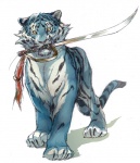 ambiguous_gender feral humor melee_weapon pun quadruped sabre_(weapon) simple_background solo stripes tail visual_pun weapon white_background torao felid mammal pantherine tiger