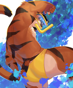 anthro back_muscles barazoku biceps black_hair brown_eyes butt claws clothed clothing eyewear facial_hair facial_markings finger_claws fur goatee goggles hair head_markings looking_at_viewer looking_back looking_back_at_viewer low-angle_view male markings mask_(marking) multicolored_body multicolored_fur muscular muscular_anthro muscular_male nipples orange_body orange_fur pecs snorkel solo speedo speedo_only striped_body striped_fur stripes swimming swimwear tail tan_body tan_fur topless water yellow_clothing yellow_speedo yellow_swimwear cilok hotaru_hirano felid mammal pantherine tiger 2025 hi_res