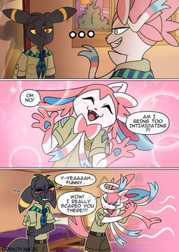 anthro anthrofied bed black_body black_ears black_fur black_tail blue_eyes blush blush_lines cute_fangs duo fangs fur furniture male mirror pink_body pink_ears pink_fur pink_tail tail teeth text white_body white_fur odeko-yma nintendo pokemon pokemon_mystery_dungeon spike_chunsoft lucky_(odeko-yma) pix_(odeko-yma) eeveelution generation_2_pokemon generation_6_pokemon pokemon_(species) sylveon umbreon absurd_res comic english_text hi_res