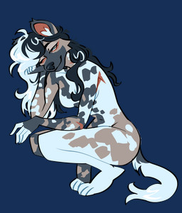 anthro bedroom_eyes black_hair breasts featureless_breasts female hair long_hair narrowed_eyes one_eye_closed scar seductive slim small_waist smile smirk solo white_hair wink vorthr african_wild_dog canid canine mammal alpha_channel hi_res