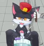 anthro balls bathroom blush clothing flush_vore flushed_down flushing_toilet genitals hat hat_only headgear headgear_only headwear headwear_only looking_at_viewer looking_pleasured male mostly_nude open_mouth penis sitting_on_another solo toilet water young young_anthro clyndemoon garuu_(tooncat) domestic_cat felid feline felis mammal hi_res