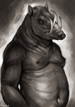 anthro belly black_eyes deep_navel front_view gradient_background grey_background hairless looking_at_viewer male musclegut muscular navel nipples nude outline overweight overweight_anthro overweight_male pig_nose simple_background solo tusks white_background wrinkles anisis babirusa mammal suid suine 2016 digital_media_(artwork) digital_painting_(artwork) greyscale half-length_portrait monochrome painting_(artwork) portrait signature