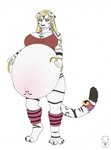 anthro belly big_belly black_markings blonde_hair blue_eyes clothed clothing female front_view fur glistening glistening_eyes hair huge_belly lips long_hair markings mouth_closed nipple_outline pink_lips pregnant pregnant_anthro pregnant_female red_clothing red_topwear simple_background solo standing striped_arms striped_legs striped_markings striped_tail stripes tail tail_markings topwear white_background white_body white_fur milk-jug felid mammal pantherine tiger hi_res