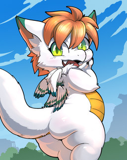 anthro belly butt detailed_background fangs feathers fur green_eyes hair multicolored_body multicolored_feathers nude orange_hair outside scales tail teeth tongue ventral_scales white_body white_butt white_feathers white_fur white_tail white_wings wings yellow_belly young young_anthro lkiws legend_of_mana mana_(series) mythology square_enix dragon flammie furred_dragon furred_scalie mythological_creature mythological_scalie scalie hi_res