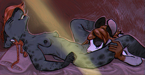 anthro breasts brown_hair cunnilingus dreadlocks duo female female/female hair nipple_piercing nipples oral piercing red_hair sex simple_background spots vaginal katyech finian_wren american_opossum australian_possum hyena mammal marsupial petaurid spotted_hyena sugar_glider
