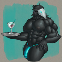 abs anthro barazoku big_muscles big_pecs black_body blue_clothing blue_thong blue_underwear bulge clothed clothing container cup detailed_bulge genital_outline glass glass_container glass_cup huge_pecs male mask muscular muscular_anthro muscular_male nipples pecs penis_outline solo thong topless underwear hunnipanda deltarune undertale_(series) avian darkner swatchling hi_res