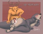 anal anal_penetration anthro antlers balls big_butt big_penis blush bodily_fluids brown_nose butt chest_tuft cum cum_in_ass cum_inside cum_on_penis cum_while_penetrated dialogue duo ejaculation fur genital_fluids genitals grey_body grey_fur hand_on_hip hand_on_leg hand_on_thigh horn huge_penis larger_male larger_penetrated loud_sex lying male male/male male_penetrated male_penetrating male_penetrating_male moan nipples nude on_front open_mouth penetration penis pubes sex simple_background size_difference small_dom_big_sub smaller_male text tuft twisted_sex thirstydraws beastars legoshi_(beastars) louis_(beastars) canid canine canis cervine deer mammal red_deer wolf absurd_res english_text hi_res