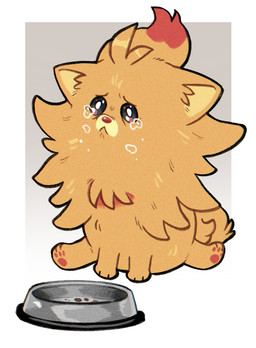 ambiguous_gender bodily_fluids border bowl container crying feral fur grey_background orange_body orange_fur pawpads pet_bowl pink_pawpads simple_background solo tear_trough tears tuft white_border sweetfangdelights nintendo pokemon pokemon_winds_and_waves generation_10_pokemon pokemon_(species) pombon 2026 chromatic_aberration digital_drawing_(artwork) digital_media_(artwork) english_description hi_res