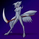 1:1 anthro avian beak bedroom_eyes bird eyebrows eyelashes feather_6 feathered_wings feathers feet female genitals half-closed_eyes melee_weapon narrowed_eyes polearm pose pussy scythe seductive simple_background smile solo talons toes verra weapon whitephoenix52 wings