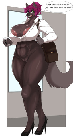 abs anthro areola bag bottomless brown_body brown_fur clothed clothing coffee_cup container cup eyelashes eyewear female footwear fur genitals glasses green_eyes hair high_heels legwear looking_at_viewer muscular muscular_female nipple_slip nipples no_bra office_clothing pantyhose pink_areola pink_hair pink_nipples shoes simple_background solo speech_bubble text vulva walking 9live mythology segway_(segwayrulz) canid canine mammal mythological_canine mythological_creature werecanid werecanine werecreature werewolf hi_res