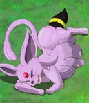 absurd_res ambiguous_gender artdumpofeeeee blush bulge duo eeveelution espeon feral feral_pred feral_prey fluffy foot_imprint generation_2_pokemon grass head_first hi_res imprint lying nintendo on_side partially_inside paw_imprint plant pokemon pokemon_(species) soft_vore struggling struggling_prey teeth_showing umbreon vore