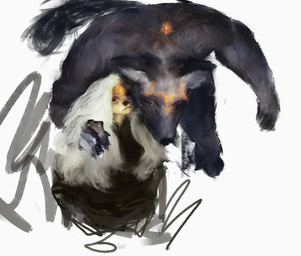 anthro biped blue_eyes brown_eyes claws clothing dark_body dark_fur duo female fur hair high-angle_view holding_shoulder hoodie long_hair looking_at_viewer male muscular muscular_male occult_symbol serious_face sigil simple_background size_difference symbol topwear yellow_body yellow_fur banguela mythology canid canine mammal mythological_canine mythological_creature werecanid werecanine werecreature werewolf 2025 digital_media_(artwork) hi_res shaded