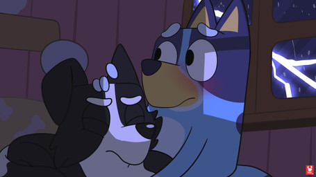 anthro bed bedroom black_body black_ears black_eyes black_fur black_nose black_tail blue_body blue_ears blue_fur blue_tail blush duo electricity eyes_closed female fur furniture hand_on_head inside lightning looking_away male multicolored_body multicolored_fur on_bed one_ear_up raining scared storm tail thunder two_tone_body two_tone_fur two_tone_tail white_body white_fur white_tail window yellow_body yellow_fur young young_anthro young_female young_male reddoshirousagi06 bluey_(series) bluey_heeler mackenzie_(bluey) australian_cattle_dog border_collie canid canine canis cattledog collie domestic_dog herding_dog mammal pastoral_dog sheepdog 16:9 2023 4k absurd_res digital_media_(artwork) hi_res widescreen